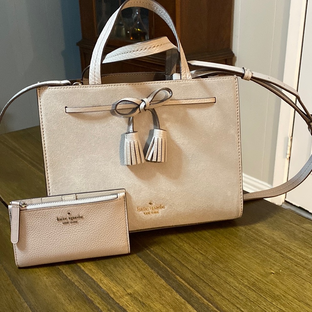 Kate Spade gray suede and pebbled leather purse with matching wallet. Like new.